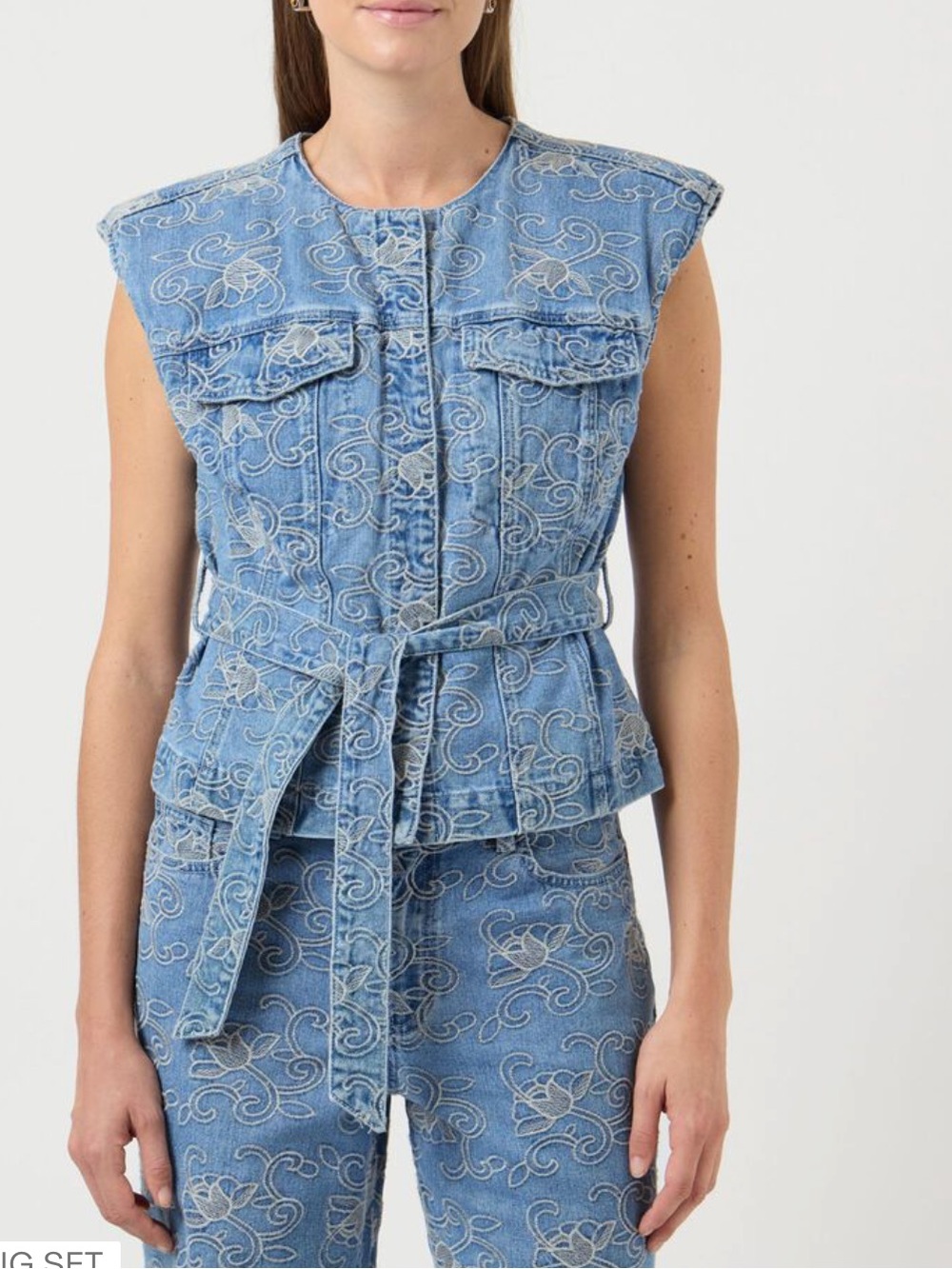Embroidered Light Blue Denim Button-Front Vest with Self-Tie Waist